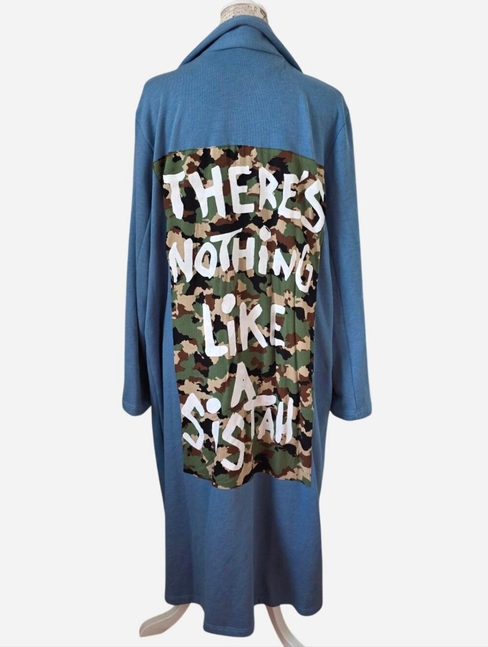 Blue Longline Duster with Camo Back Panel and White Graphic